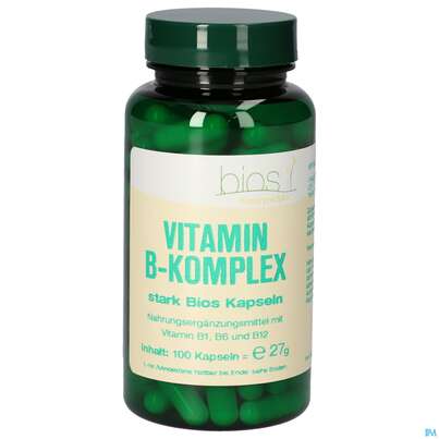 Sie sehen eine Packung Bios Vitamin B-komplex Stark 100 Kapseln, Produktbild: 01 Bios Vitamin B-komplex Stark 100 Kapseln, A-Nr.: 3893487 - 01