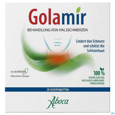 Sie sehen eine Packung Aboca Golamir 2act Lutschtabl Ab 6 Jahren Halsschmerzen 20st, Produktbild: 02 Aboca Golamir 2act Lutschtabl Ab 6 Jahren Halsschmerzen 20st, A-Nr.: 5571888 - 02