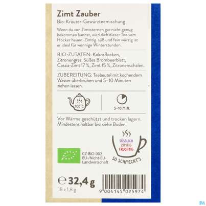 Sie sehen eine Packung Sonnentor Tee/bio Zimt Zauber Doppelkammerbtl 02597 18st, Produktbild: 07 Sonnentor Tee/bio Zimt Zauber Doppelkammerbtl 02597 18st, A-Nr.: 5056181 - 07