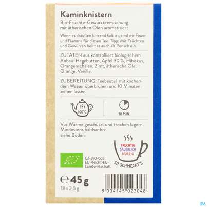 Sie sehen eine Packung Sonnentor Fruechte-/gewuerz Tee Kaminknistern Bio 02304 18st, Produktbild: 06 Sonnentor Fruechte-/gewuerz Tee Kaminknistern Bio 02304 18st, A-Nr.: 4039387 - 06
