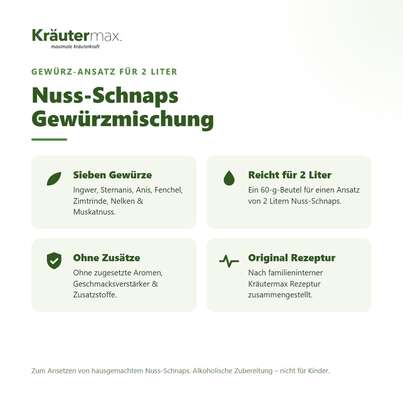 Sie sehen eine Packung Nussschnaps Gewürz Ansatz Mischung für 2 Liter 60 g, Produktbild: 02 Nussschnaps Gewürz Ansatz Mischung für 2 Liter 60 g, A-Nr.: 4514807 - 02