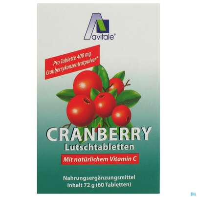 Sie sehen eine Packung Cranberry Lutschtabl Avi 60st, Produktbild: 01 Cranberry Lutschtabl Avi 60st, A-Nr.: 3831121 - 01