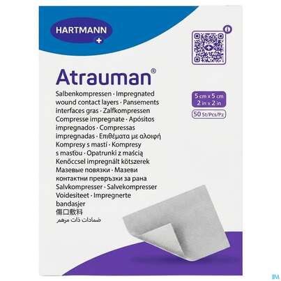 Sie sehen eine Packung Wundauflagen Atrauman Salbenvlies Wirkstofffr Steril 5x 5cm 50st, Produktbild: 02 Wundauflagen Atrauman Salbenvlies Wirkstofffr Steril 5x 5cm 50st, A-Nr.: 1708876 - 02