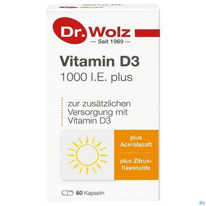 Sie sehen eine Packung Vitamin D3 Kapseln 1000ie Plus -dr.wolz Nr 60 60st, Produktbild: 02 Vitamin D3 Kapseln 1000ie Plus -dr.wolz Nr 60 60st, A-Nr.: 3839335 - 02