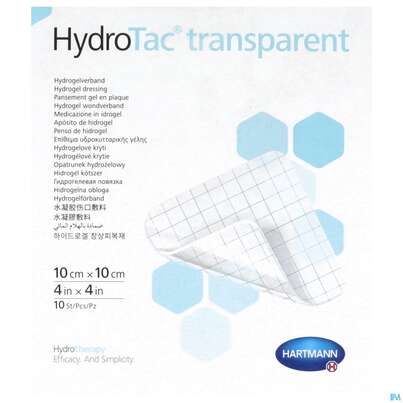 Sie sehen eine Packung Schaumverband Hydrotac Transparent 10x10cm 10st, Produktbild: 01 Schaumverband Hydrotac Transparent 10x10cm 10st, A-Nr.: 5310538 - 01