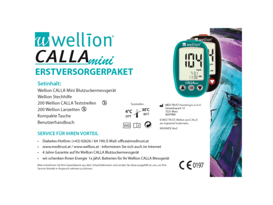 Sie sehen eine Packung WELL905M Wellion CALLA Mini EVP mg/dl, Produktbild: 01 WELL905M Wellion CALLA Mini EVP mg/dl, A-Nr.: 4238891 - 01