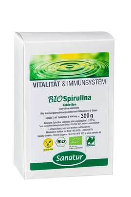 Sie sehen eine Packung Sanatur Spirulina Tabletten BIO 400mg, Produktbild: 01 Sanatur Spirulina Tabletten BIO 400mg, A-Nr.: 4258238 - 01