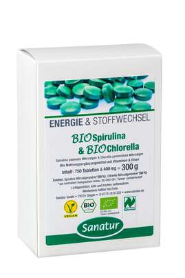 Sie sehen eine Packung Sanatur Spirulina & Chlorella Tabletten BIO, Produktbild: 01 Sanatur Spirulina & Chlorella Tabletten BIO, A-Nr.: 4258391 - 01