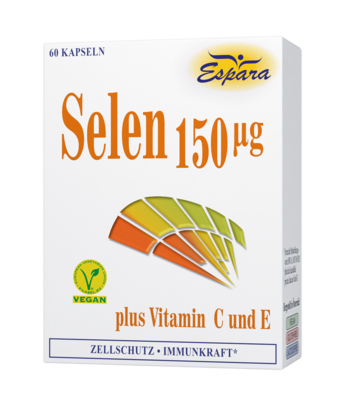 Sie sehen eine Packung Espara Selen 150µg Kapseln, Produktbild: 01 Espara Selen 150µg Kapseln, A-Nr.: 4483573 - 01