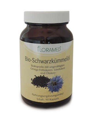 Sie sehen eine Packung Floramed Bio-Schwarzkümmelöl Kapseln DE-ÖKO-003, Produktbild: 02 Floramed Bio-Schwarzkümmelöl Kapseln DE-ÖKO-003, A-Nr.: 4389992 - 02