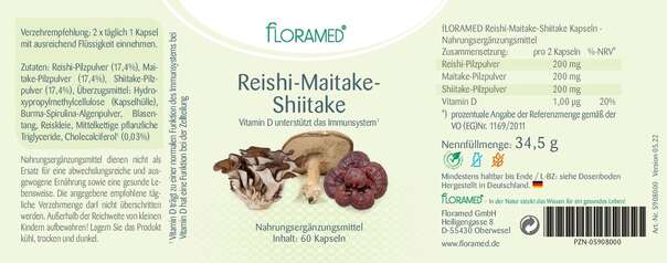 Sie sehen eine Packung Floramed Reishi-Maitake-Shiitake, Produktbild: 01 Floramed Reishi-Maitake-Shiitake, A-Nr.: 4390311 - 01