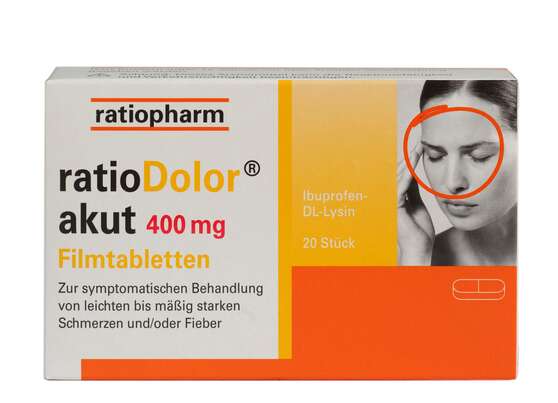 Sie sehen eine Packung ratioDolor® Ibuprofen 400 mg Filmtabletten, Produktbild: 01 ratioDolor® Ibuprofen 400 mg Filmtabletten, A-Nr.: 4204900 - 01