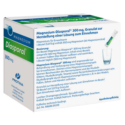 Sie sehen eine Packung Magnesium-Diasporal® 300 direkt, Direktgranulat, Produktbild: 03 Magnesium-Diasporal® 300 direkt, Direktgranulat, A-Nr.: 3932299 - 03