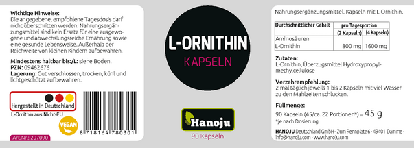 Sie sehen eine Packung Hanoju L-Ornithin Kapseln 400mg, Produktbild: 02 Hanoju L-Ornithin Kapseln 400mg, A-Nr.: 4255547 - 02