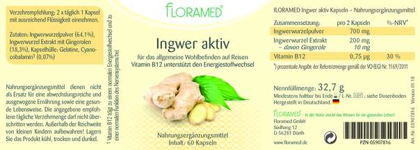 Sie sehen eine Packung Floramed Ingwer aktiv, Produktbild: 01 Floramed Ingwer aktiv, A-Nr.: 4390191 - 01