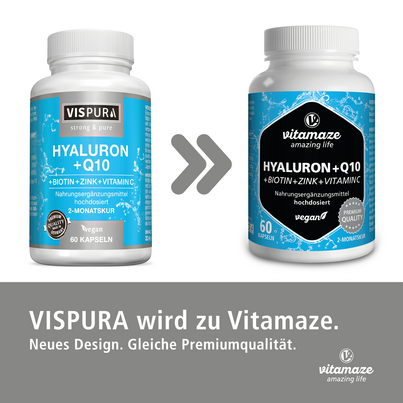 Sie sehen eine Packung Vitamaze Hyaluronsäure 200mg hochdosiert +Coenzym Q10 vegan, Produktbild: 02 Vitamaze Hyaluronsäure 200mg hochdosiert +Coenzym Q10 vegan, A-Nr.: 5179593 - 02