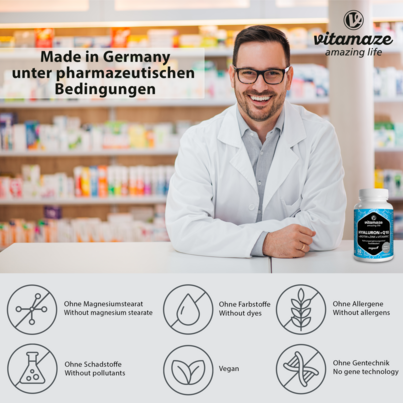 Sie sehen eine Packung Vitamaze Hyaluronsäure 200mg hochdosiert +Coenzym Q10 vegan, Produktbild: 04 Vitamaze Hyaluronsäure 200mg hochdosiert +Coenzym Q10 vegan, A-Nr.: 5179593 - 04