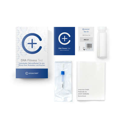 Sie sehen eine Packung cerascreen DNA Fitness Test, Produktbild: 02 cerascreen DNA Fitness Test, A-Nr.: 5638492 - 02