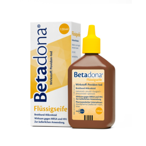 Sie sehen eine Packung Betadona® Flüssigseife 120 ml, Produktbild: 01 Betadona® Flüssigseife 120 ml, A-Nr.: 4465569 - 01