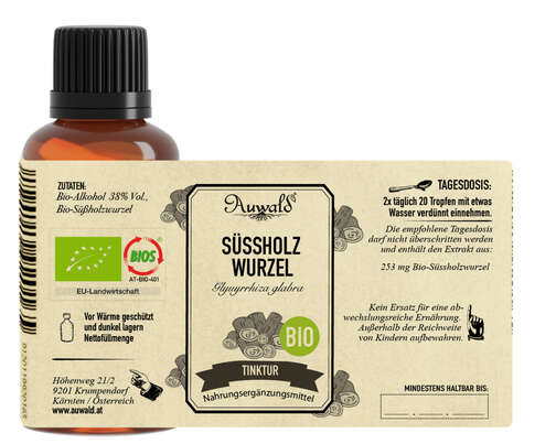 Sie sehen eine Packung Auwald® - Süssholzwurzel - BIO Tropfen (Auszug, Extrakt, Essenz), Produktbild: 03 Auwald® - Süssholzwurzel - BIO Tropfen (Auszug, Extrakt, Essenz), A-Nr.: 5680198 - 03