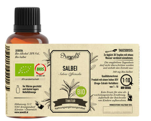 Sie sehen eine Packung Auwald® - Salbei - BIO Tropfen (Auszug, Extrakt, Essenz), Produktbild: 03 Auwald® - Salbei - BIO Tropfen (Auszug, Extrakt, Essenz), A-Nr.: 5709766 - 03