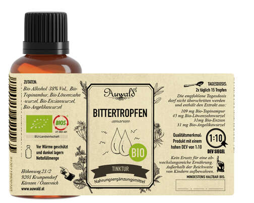 Sie sehen eine Packung Auwald® - Bittertropfen BIO Tropfen (Auszug, Extrakt, Essenz), Produktbild: 04 Auwald® - Bittertropfen BIO Tropfen (Auszug, Extrakt, Essenz), A-Nr.: 5709482 - 04