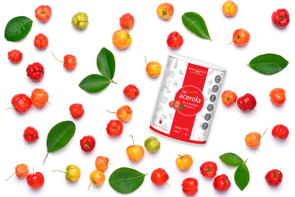 Sie sehen eine Packung BIO Acerola Vitamin C Fruchtpulver, mit 17% natürlichem Vitamin C, 500g, Produktbild: 02 BIO Acerola Vitamin C Fruchtpulver, mit 17% natürlichem Vitamin C, 500g, A-Nr.: 5229032 - 02