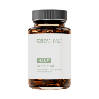 Sie sehen eine Packung CBD VITAL Hanf Happy Mind, Produktbild: 01 CBD VITAL Hanf Happy Mind, A-Nr.: 5561720 - 01