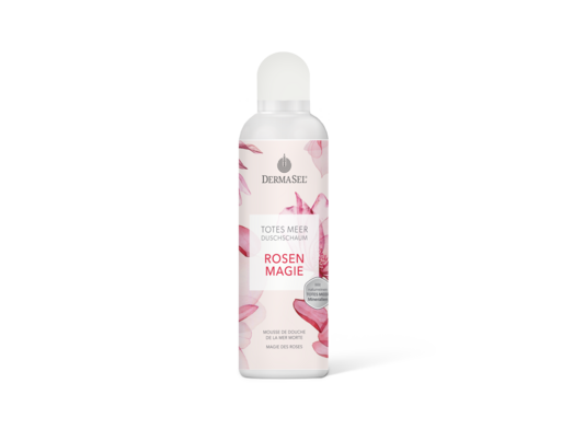 Sie sehen eine Packung DermaSel® Totes Meer Duschschaum Rosen Magie, Produktbild: 01 DermaSel® Totes Meer Duschschaum Rosen Magie, A-Nr.: 5706087 - 01