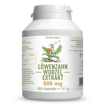 Sie sehen eine Packung Löwenzahnwurzel-Extrakt 500 mg 180 Kapseln, Produktbild: 01 Löwenzahnwurzel-Extrakt 500 mg 180 Kapseln, A-Nr.: 5053366 - 01