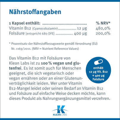 Vitamin B12 / Folsäure Klean Labs Kapseln, A-Nr.: 5598189 - 08