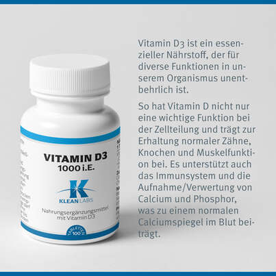 Sie sehen eine Packung Vitamin D3 1000 i.E. Klean Labs Tabletten, Produktbild: 07 Vitamin D3 1000 i.E. Klean Labs Tabletten, A-Nr.: 5598284 - 07