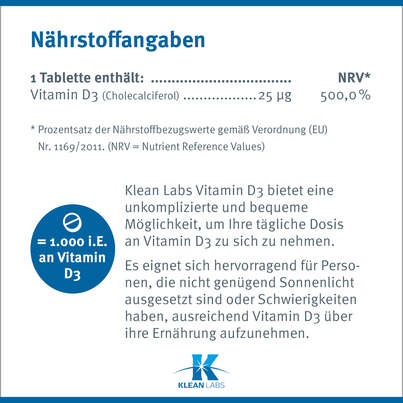 Sie sehen eine Packung Vitamin D3 1000 i.E. Klean Labs Tabletten, Produktbild: 08 Vitamin D3 1000 i.E. Klean Labs Tabletten, A-Nr.: 5598284 - 08