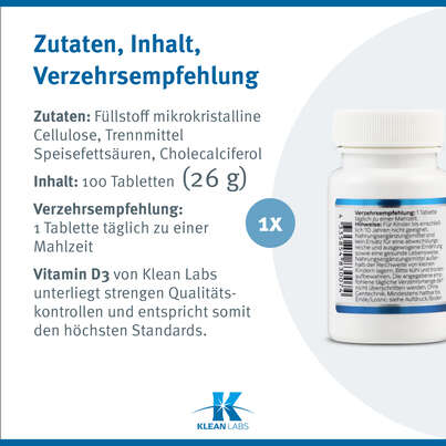 Sie sehen eine Packung Vitamin D3 1000 i.E. Klean Labs Tabletten, Produktbild: 09 Vitamin D3 1000 i.E. Klean Labs Tabletten, A-Nr.: 5598284 - 09