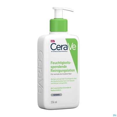 Sie sehen eine Packung Cerave Feuchtigkeitsspendende Reinigungslotion 236ml, Produktbild: 02 Cerave Feuchtigkeitsspendende Reinigungslotion 236ml, A-Nr.: 4802073 - 02