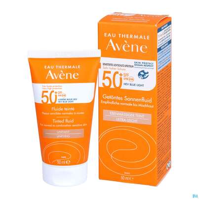 Sie sehen eine Packung Avène Getöntes Sonnenfluid Spf 50+ 50ml, Produktbild: 08 Avène Getöntes Sonnenfluid Spf 50+ 50ml, A-Nr.: 5598982 - 08