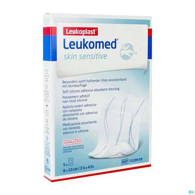 Sie sehen eine Packung Wundverband Leukomed/skin Sensitive Vliesverband +auflage Steril 8x10cm 5st, Produktbild: 04 Wundverband Leukomed/skin Sensitive Vliesverband +auflage Steril 8x10cm 5st, A-Nr.: 5609007 - 04