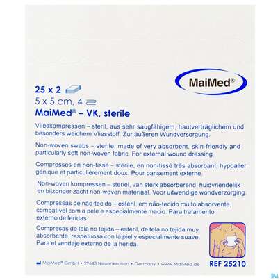 Sie sehen eine Packung Vlieskompressen 4fach Steril 5x 5cm 2x25 25210 50st, Produktbild: 02 Vlieskompressen 4fach Steril 5x 5cm 2x25 25210 50st, A-Nr.: 4781224 - 02