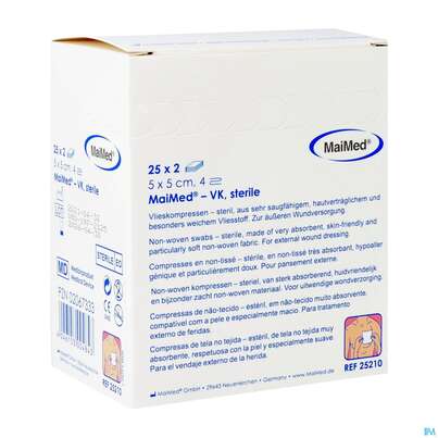 Sie sehen eine Packung Vlieskompressen 4fach Steril 5x 5cm 2x25 25210 50st, Produktbild: 03 Vlieskompressen 4fach Steril 5x 5cm 2x25 25210 50st, A-Nr.: 4781224 - 03