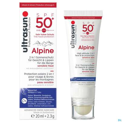Sie sehen eine Packung Sonnenprodukte Ultrasun 20ml+2,3g Alpine Compi Spf50+ 62551 1st, Produktbild: 02 Sonnenprodukte Ultrasun 20ml+2,3g Alpine Compi Spf50+ 62551 1st, A-Nr.: 4604114 - 02
