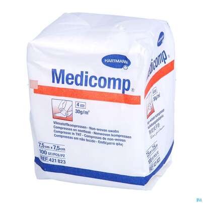 Sie sehen eine Packung Kompressen Medicomp Vliesstoff 4fach Unsteril 7,5x 7,5cm 100st, Produktbild: 04 Kompressen Medicomp Vliesstoff 4fach Unsteril 7,5x 7,5cm 100st, A-Nr.: 1652035 - 04