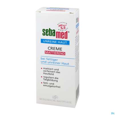 Sie sehen eine Packung Sebamed Unreine Haut Mattierende Creme 50ml, Produktbild: 01 Sebamed Unreine Haut Mattierende Creme 50ml, A-Nr.: 4065054 - 01
