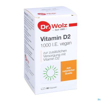 Sie sehen eine Packung Vitamin D2 Kapseln Vegan Dr.wolz 60584 60st, Produktbild: 05 Vitamin D2 Kapseln Vegan Dr.wolz 60584 60st, A-Nr.: 4164796 - 05