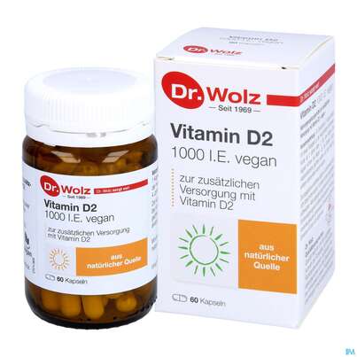 Sie sehen eine Packung Vitamin D2 Kapseln Vegan Dr.wolz 60584 60st, Produktbild: 06 Vitamin D2 Kapseln Vegan Dr.wolz 60584 60st, A-Nr.: 4164796 - 06